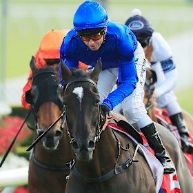 Avilius forces away with the Colgate Optic White Stakes at Randwick on Saturday