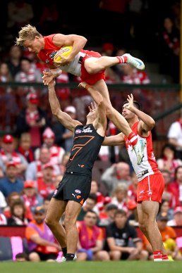 Sydney’s Isaac Heeney takes a spectacular mark against GWS.