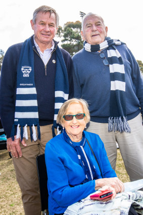 Jack Hawkins, Fred Le Deux and Pam Le Deux, the father and grandparents of Tom Hawkins, were among the crowd at Kardinia Park.