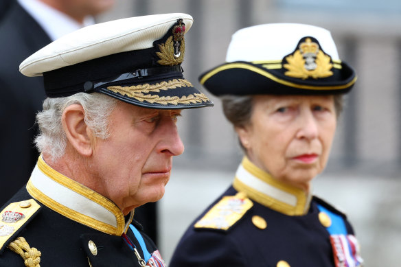 King Charles III and Princess Anne at the Queen’s funeral.