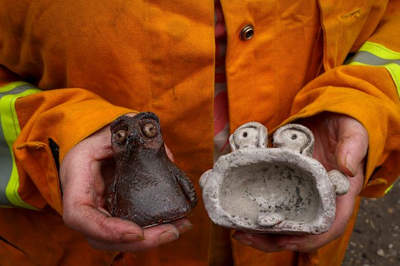 Two small clay statues – including one of a painted brown owl – Ann Laherty-Hunt made many years ago survived the fire.