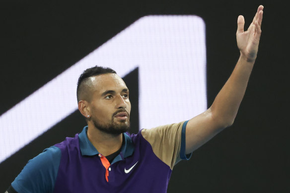Nick Kyrgios enjoys an opening-round win at the Australian Open.