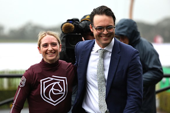 Trainer Will Freedman celebrates with jockey Siena Grima after Attractiveness won at Rosehill on August 15.
