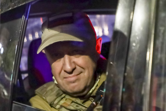 Yevgeny Prigozhin looks from a military vehicle in a street in Rostov-on-Don, Russia, on June 24.