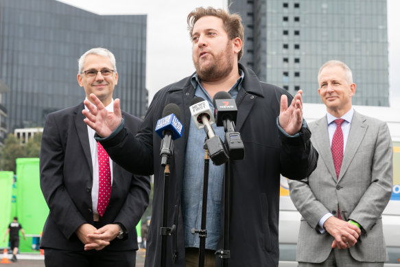 Series creator David Appelbaum, flanked by Victorian creative industries minister Danny Pearson (left) and federal arts minister Paul Fletcher. 