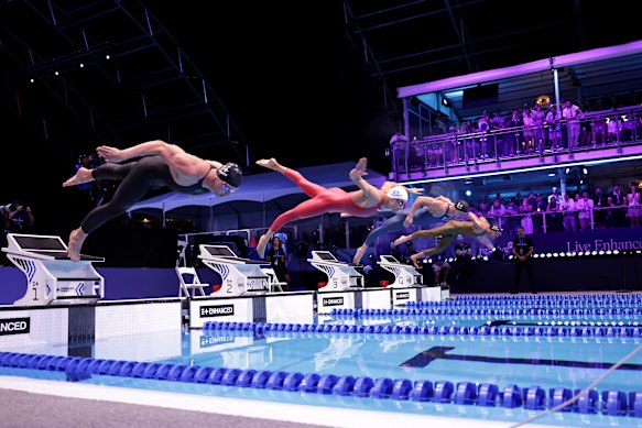 Andrii Govorov (from left), Kristian Gkolomeev, Benjamin Proud and James Magnussen in the 50m freestyle at the Enhanced Games.
