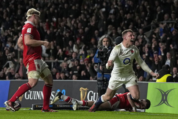 England’s Fraser Dingwall celebrates after scoring.