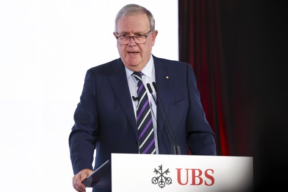 Outgoing Future Fund chairman Peter Costello at the UBS Australasia conference on Monday in Sydney.