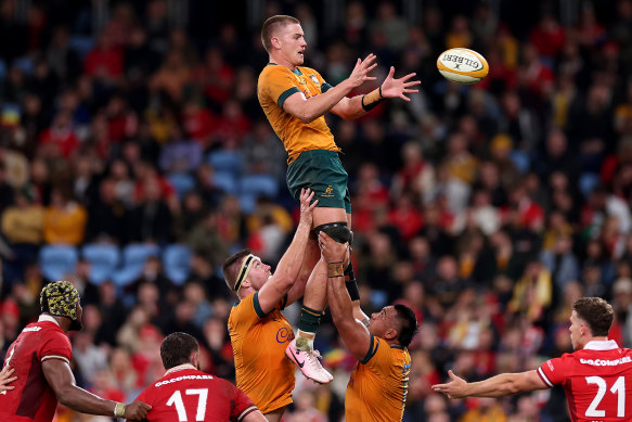 Charlie Cale jumps for a lineout at Allianz Stadium.