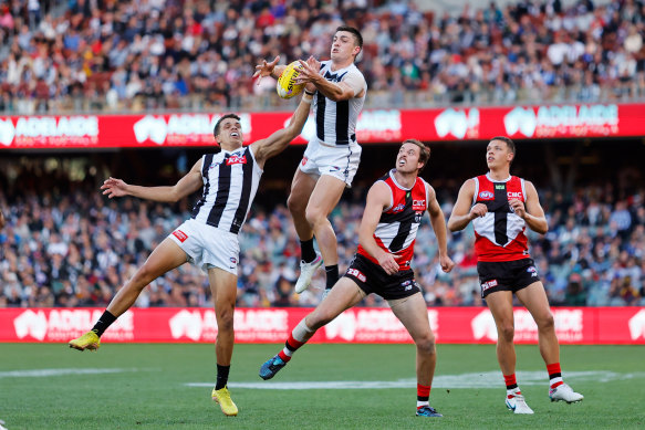 Collingwood’s Brayden Maynard flies for a mark at the Adelaide Oval on Sunday in the final game of last year’s Gather Round.