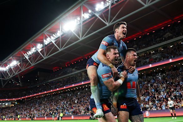 Bradman Best celebrates scoring goals for NSW.