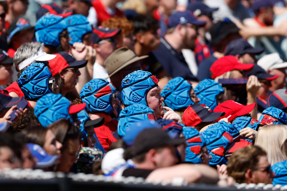 Melbourne fans wear helmets for Angus Brayshaw, who retired earlier this year due to the impact of concussion.
