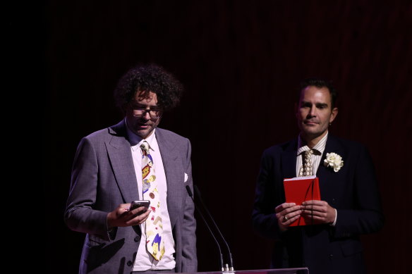 Rupert and Oscar Humphries speak at the memorial.