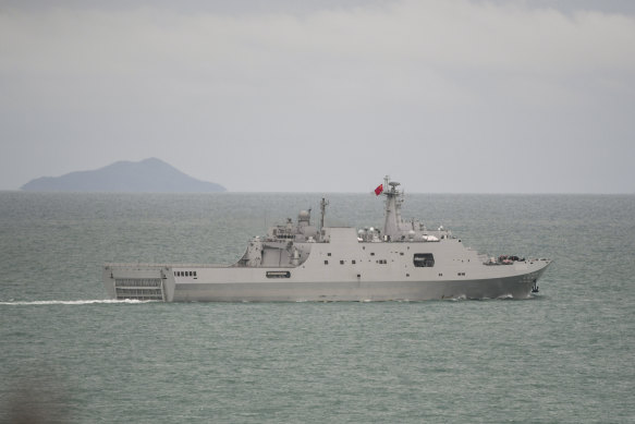 A PLA-N Yuzhao-class amphibious transport dock vessel transits through the Torres Strait on February 18, 2022. 