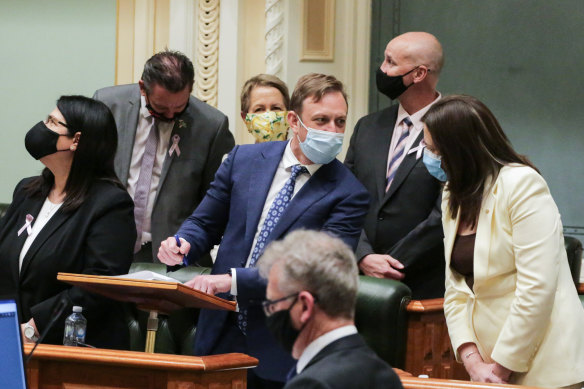 Senior Queensland Labor government MPs Grace Grace, Craig Crawford, Di Farmer, Glenn Butcher, Steven Miles and Premier Annastacia Palaszczuk at the passage of the bill on Thursday evening.