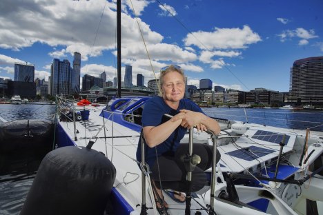 Pip Hare on her yacht, Medallia, at Victoria Harbour, Docklands, on Sunday.