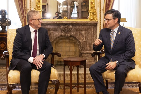 Anthony Albanese met Mike Johnson, the new Republican speaker of the House, right, in October.