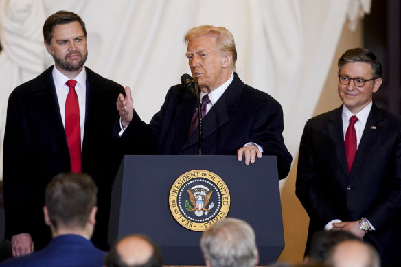 President Donald Trump speaks in Emancipation Hall after the 60th Presidential Inauguration.
