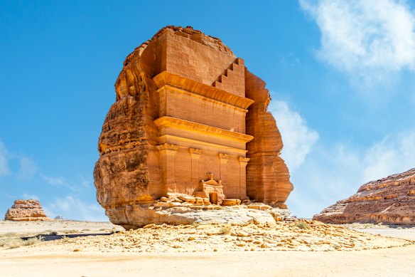 Entrance to the ancient Nabataean Tomb of Lihyan, carved in rock in the desert,  Mada’in Salih, Saudi Arabia.
