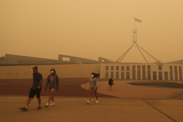 Visitors to Parliament House were forced to wear face masks after smoke from bushfires made Canberra's air quality hazardous in early January.
