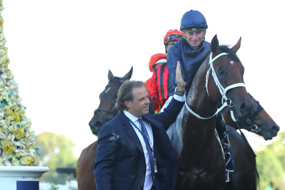 Coolmore boss Tom Magnier leads   Ryan Moore back  on Shinzo after winning the Golden Slipper.