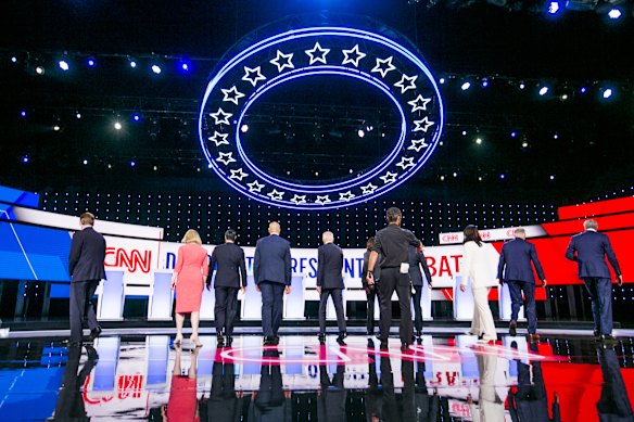 Candidates Michael Bennet, Kirsten Gillibrand, Julian Castro, Senator Cory Booker, Joe Biden, Kamala Harris, Andrew Yang, Tulsi Gabbard, Jay Inslee, and Bill de Blasio.