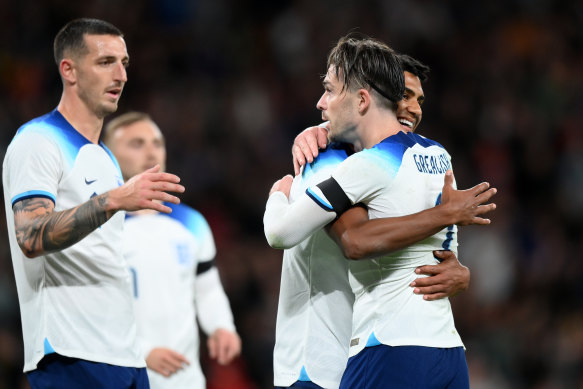 LONDON, ENGLAND - OCTOBER 13: Ollie Watkins of England celebrates after scoring the team’s first goal during the international friendly match between England and Australia at Wembley Stadium on October 13, 2023 in London, England. (Photo by Justin Setterfield/Getty Images)