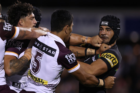 Taylan May gets into a scuffle during the Panthers’ big win over Brisbane