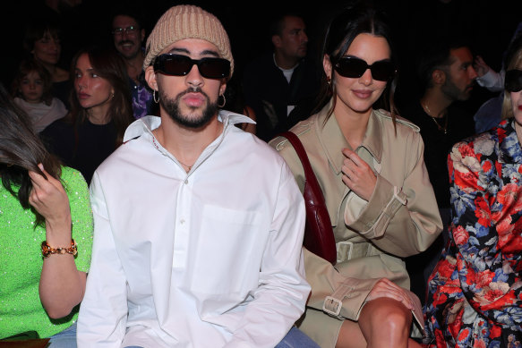 Bad Bunny and Kendall Jenner pictured at Milan Fashion Week in September.