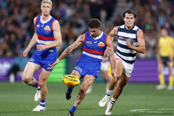 Tom Liberatore was constantly in the thick of the action for the Bulldogs on Saturday night against Geelong, but couldn’t get his team home.