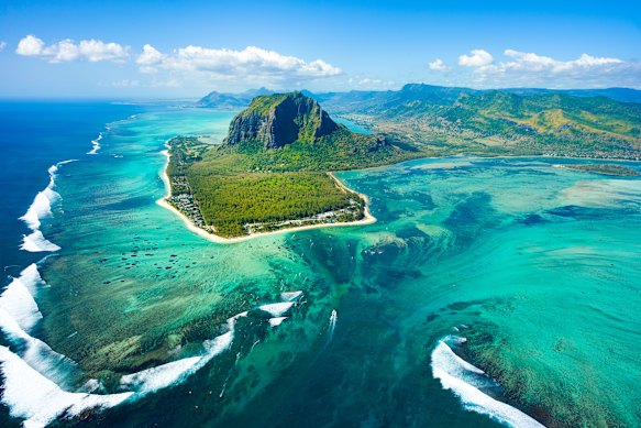 The “underwater waterfall” off the coast of the Le Morne Peninsula in Mauritius.