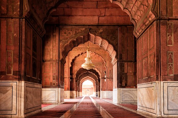 The interior of Jama Masjid, one of the largest mosques in India.