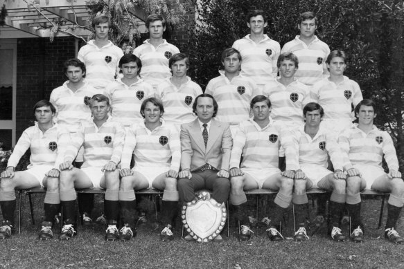 The premiership-winning Kings School rugby side in 1974. 
Coach Alan Jones is seated middle front row, to his left is captain Anto White. Scott Walker is on the far right of the middle row.