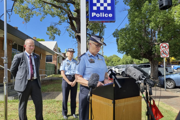 Queensland Police Commissioner Katarina Carroll speaking outside Chinchilla Police Station after Monday’s deadly shooting.