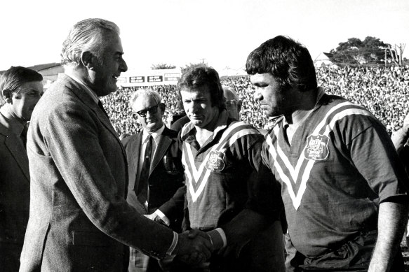 Graeme Langlands and Arthur Beetson meet Gough Whitlam in 1968 while on Kangaroos duty.