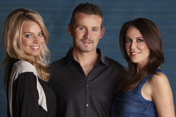 Margot Robbie, left, returns to Neighbours for the finale. She’s seen here with Ryan Moloney and Kym Valentine in 2010.