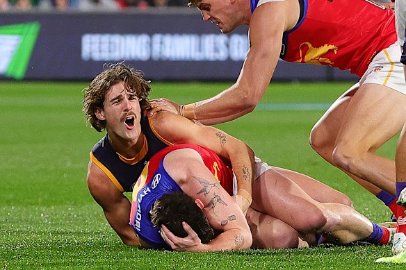 James Peatling’s tackle on Lachie Neale.