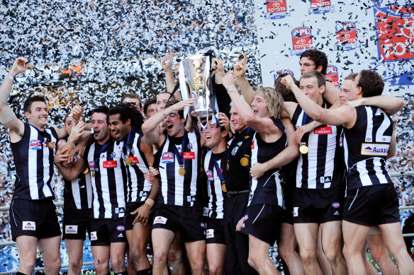 Collingwood celebrate the 2010 premiership, their most recent.