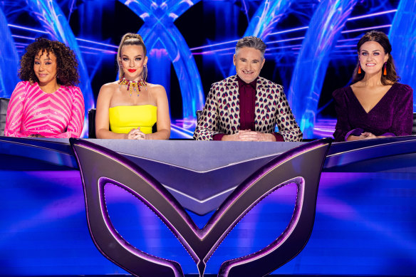 The new Masked Singer panel (from left): Mel B, Abbie Chatfield, Dave Hughes and Chrissie Swan.
