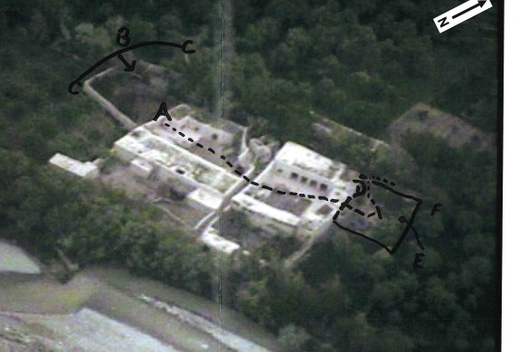 An aerial photo of Whiskey 108 marked up in court by Ben Roberts-Smith during his Federal Court defamation case.