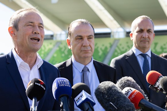 WA Premier Roger Cook, Australian Rugby League Commission Chairman Peter V’landys and National Rugby League chief executive Andrew Abdo officially announce the Perth Bears will join the NRL on Thursday.
