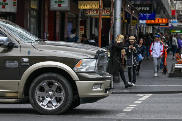 A RAM truck stopped over a pedestrian crossing in Melbourne’s CBD.