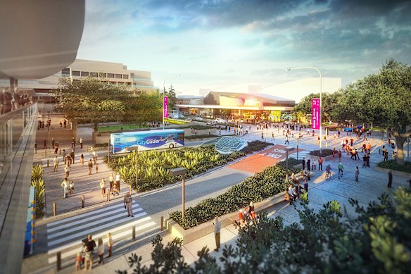 Initial council concept images for the since-shelved underground Brisbane Metro Cultural Centre station at South Brisbane show an area next to the train station catered to pedestrians.