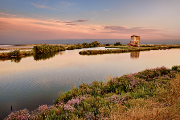 Sunset over the Po Delta Park.