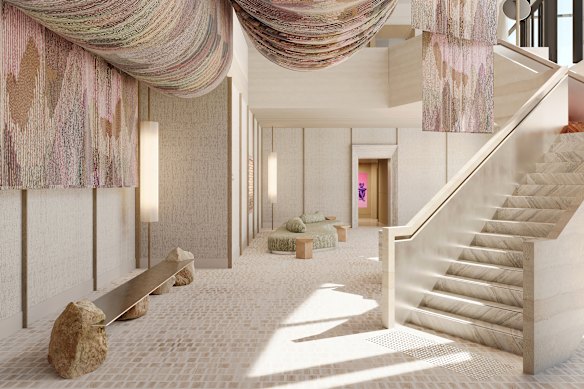 The lobby, designed by EJE Architects and Some Studio, will feature a bar and lounge area for new arrivals.