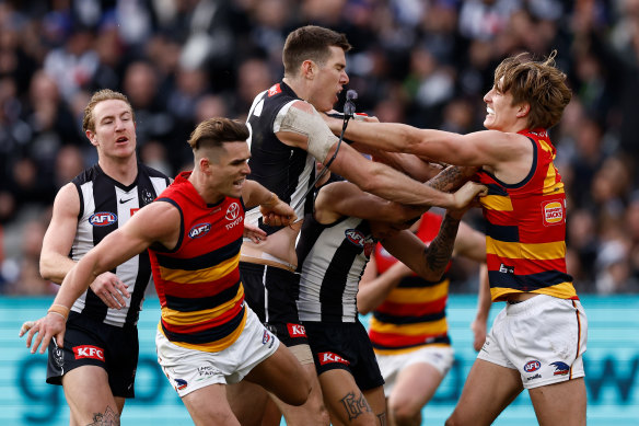 Adelaide’s Ben Keays rips off Collingwood forward Mason Cox’s glasses, sparking a melee. 