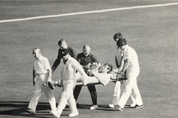 Terry Alderman is stretchered off the WACA. He ended up spending a year out of the game with a shoulder injury. 