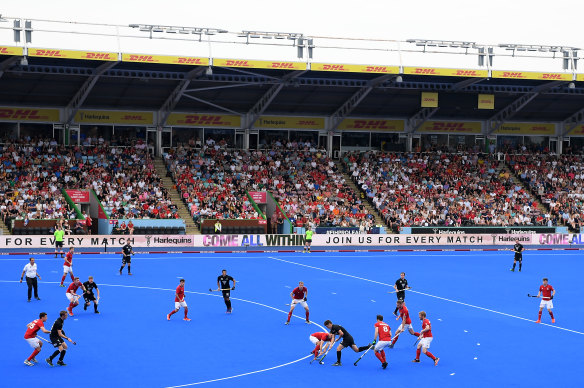 Great Britain taking on New Zealand in 2019, on a drop-in hockey field at the Twickenham Stoop rugby stadium in London.