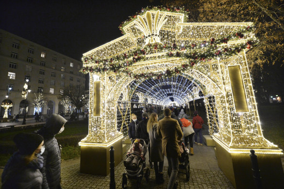 Christmas lights down one of Warsaw’s main streets. 
