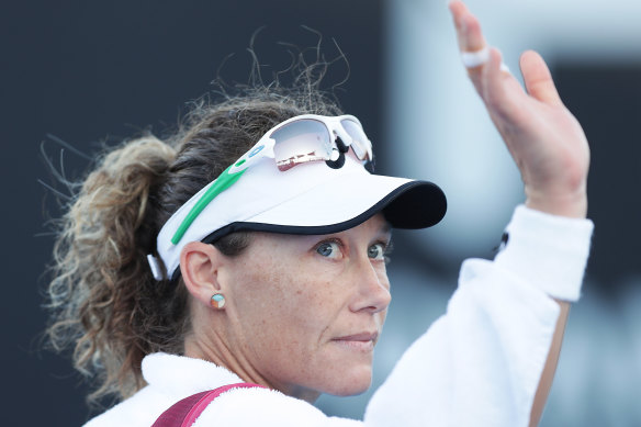 Sam Stosur acknowledges the crowd on Monday night after her straight-sets defeat in Hobart.
